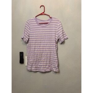 A New Day Women's Striped Ribbed T-Shirt Short Sleeve‎ Purple White Casual Top